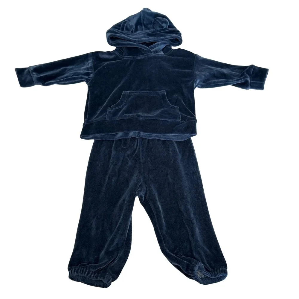Kate Quinn Navy Blue Velour Organic Cotton Hoodie and Joggers Bear Ears 12-18M
